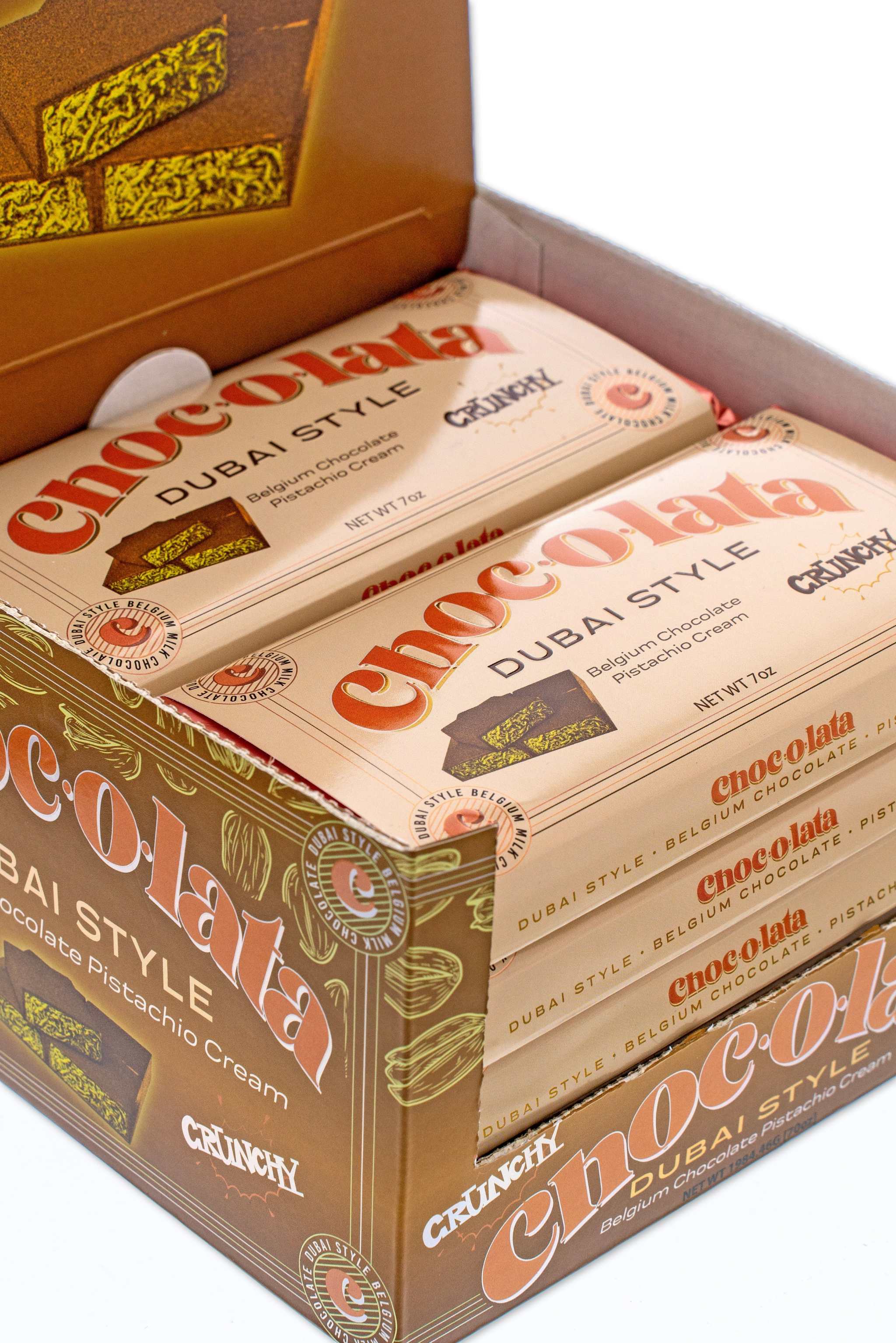 Box of CHOCOLATA Dubai Style Crunchy Bars with Belgian milk chocolate and pistachio cream, 10-pack.