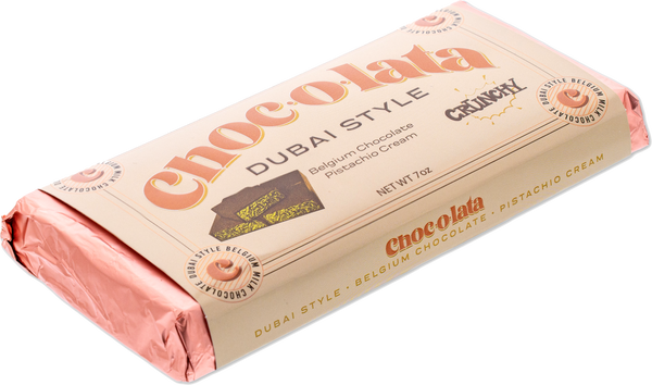Side view of a Chocolata Dubai Style Crunchy Belgian Chocolate on a white background