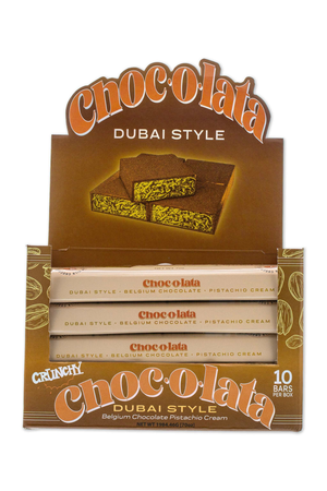 Packaging of Choc-o-lata Dubai Style chocolate bars with a brown and gold design.