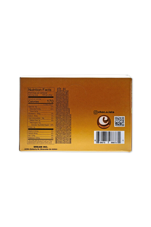 Back of a brown box with nutritional information and branding on a white background