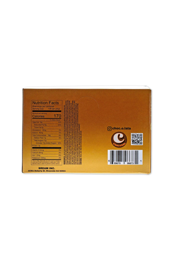 Back of a brown box with nutritional information and branding on a white background