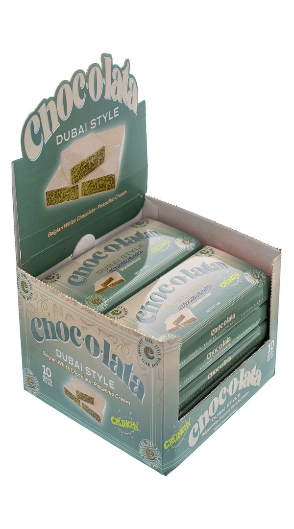 Display Box Packaging of Chocolata Dubai Style pistachio cream white chocolate bars with green and white color design
