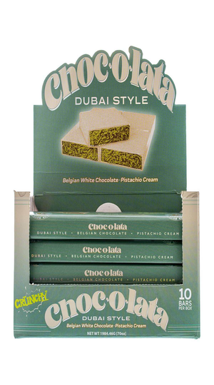 Packaging of Chocolata Dubai Style chocolate bars with green and white design.