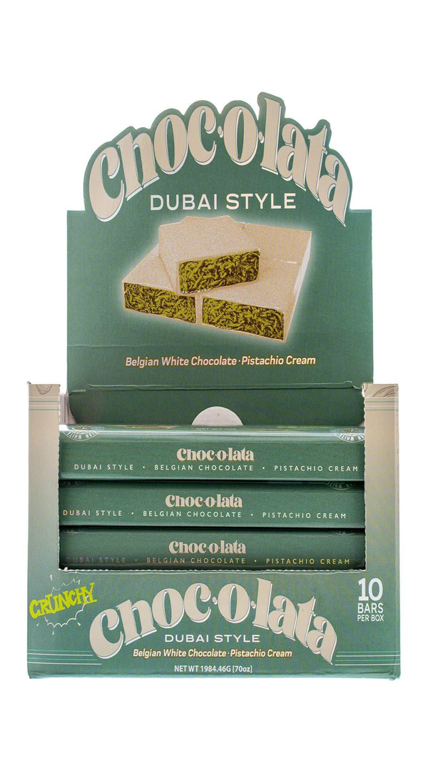 Packaging of Chocolata Dubai Style chocolate bars with green and white design.