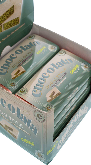 Box of Chocolata Dubai White Chocolate bars with visible branding on a white background