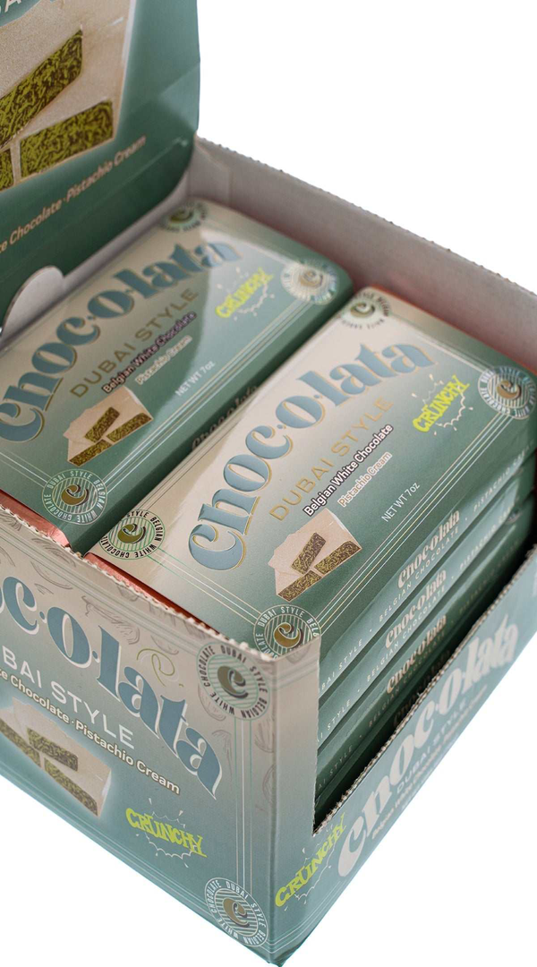 Box of Chocolata Dubai White Chocolate bars with visible branding on a white background