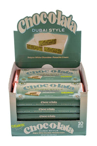 Display box of Chocolata Dubai Style white chocolate bars 10 pack with green packaging on white background