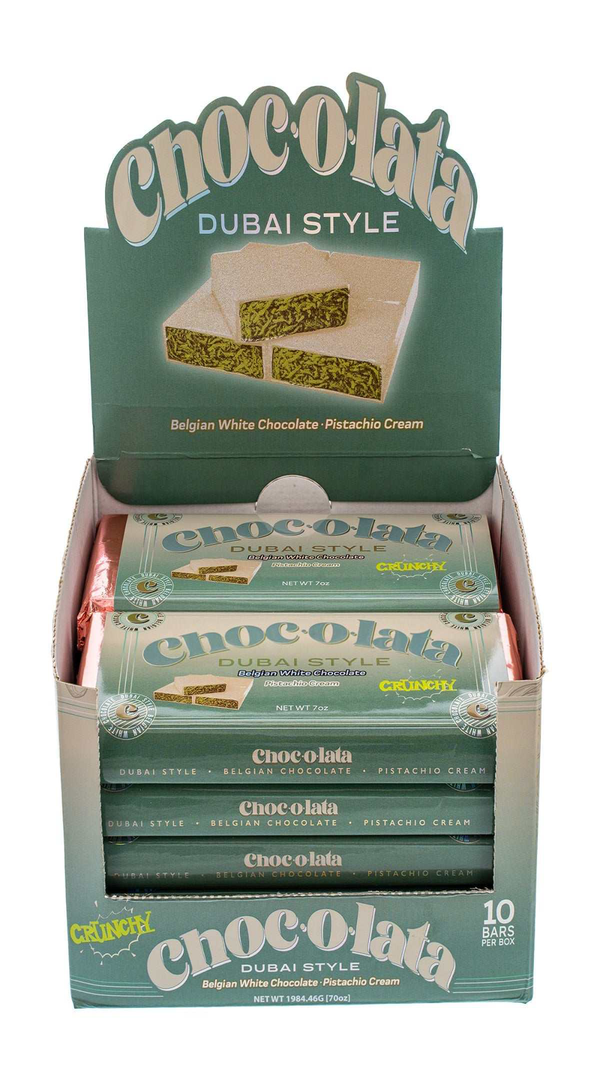Display box of Chocolata Dubai Style white chocolate bars 10 pack with green packaging on white background