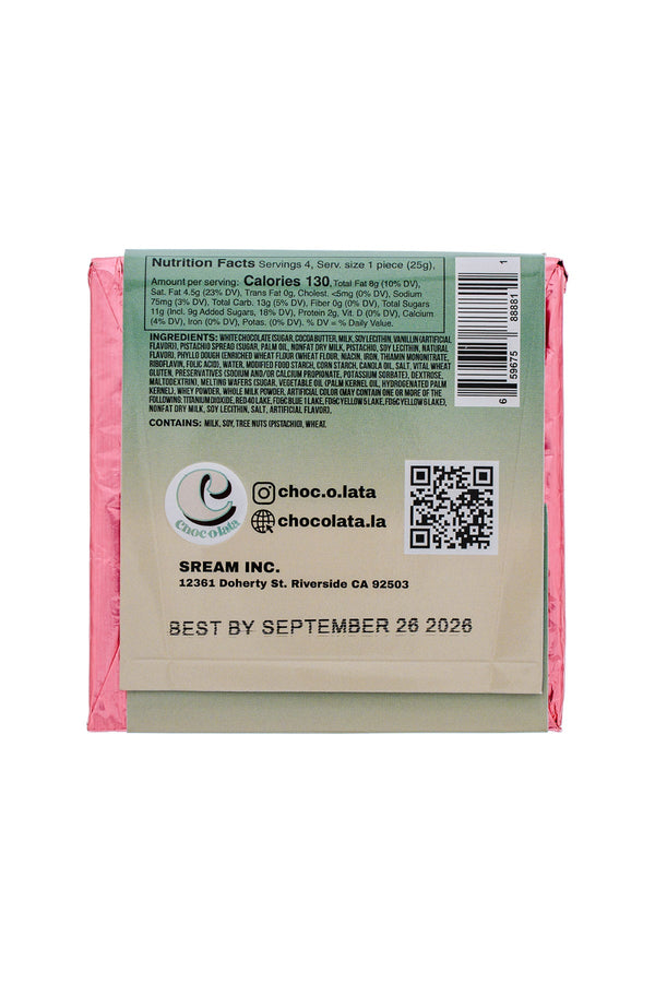 Back of a chocolate bar packaging with nutrition facts, QR code, and branding on a white background