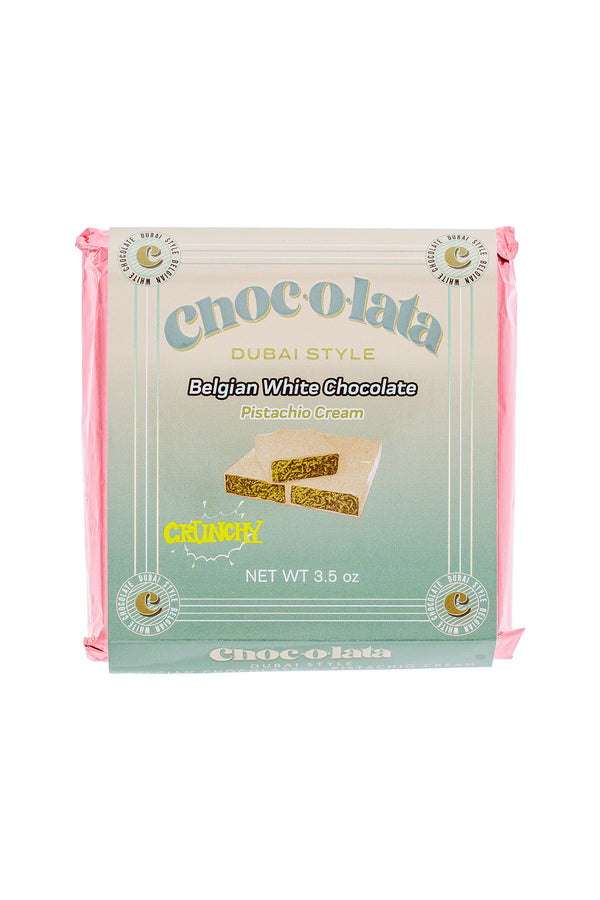 Belgian White Chocolate Pistachio Cream mini bar packaging with 'Choco-lata' branding on a white background.