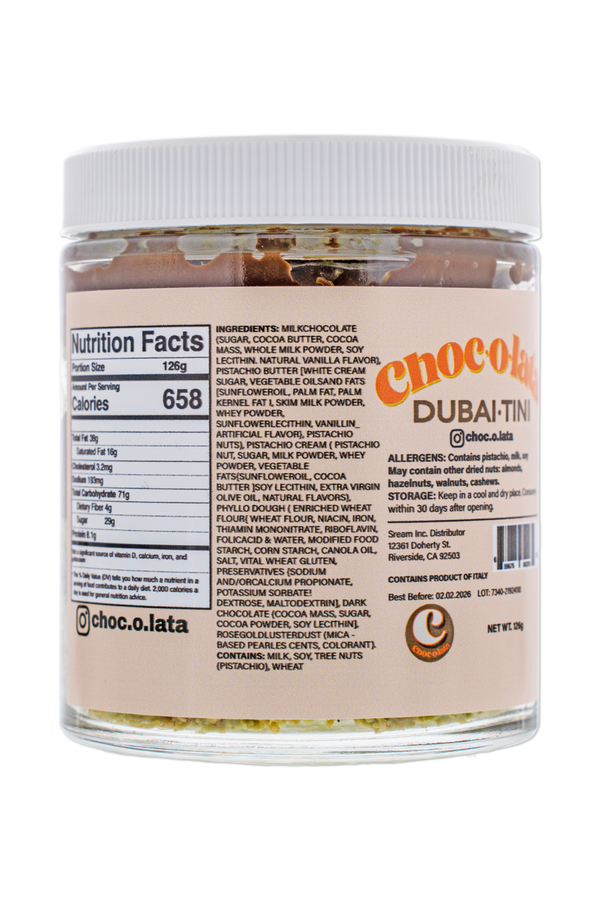 Jar of Chocolata Dubai-Tini back view with nutritional information on a white background