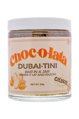CHOCOLATA DubaiTini chocolate bar in a jar with pistachio and phyllo dough, 126g, premium milk and dark chocolate blend.