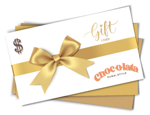 Gift card with a gold bow and 'Choc-o-la' branding on a white background