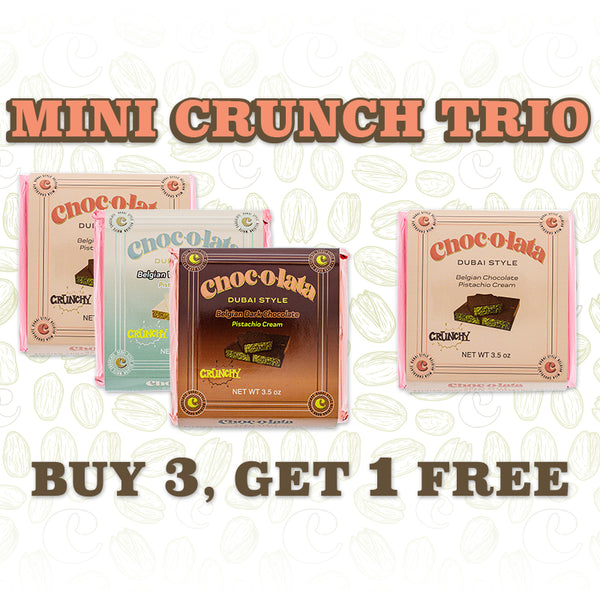 Four packages of Chocolata Crunch with promotional text on a white background