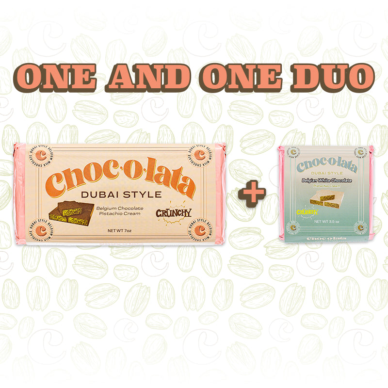 Two Chocolata Dubai Style chocolate bars on a white background with cacao bean patterns.