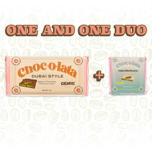 Two Chocolata Dubai Style chocolate bars on a white background with cacao bean patterns.
