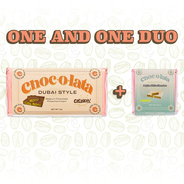 Two Chocolata Dubai Style chocolate bars on a white background with cacao bean patterns.