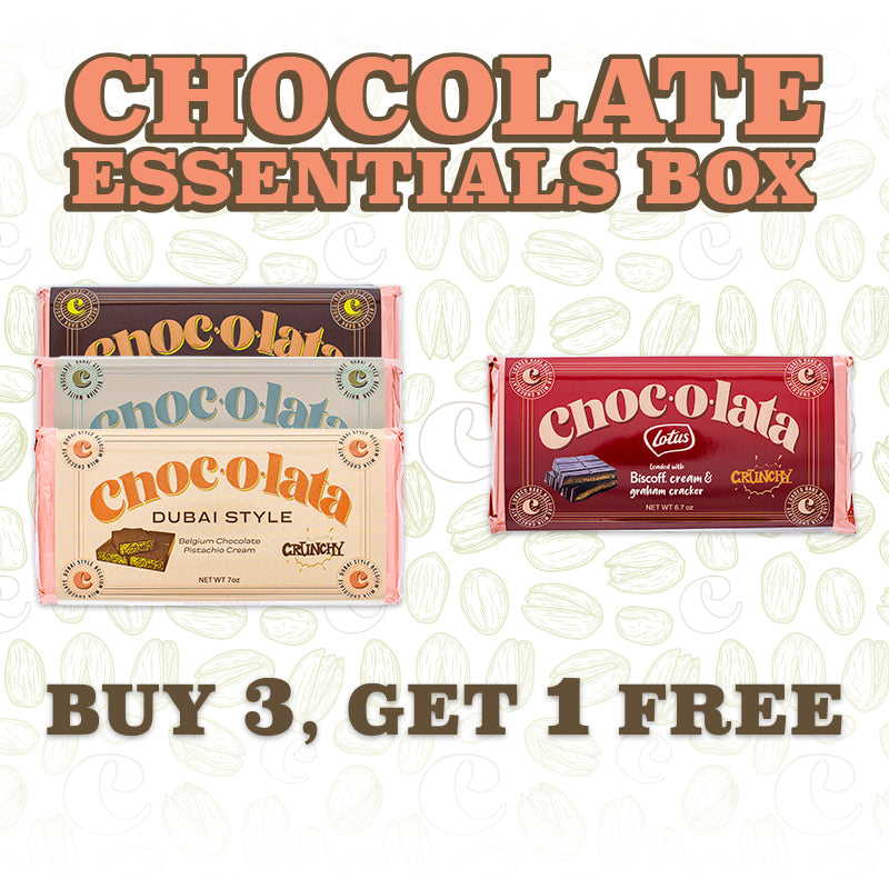 Promotional image of chocolate bars with 'Chocolate Essentials Box' text and a buy 3 get 1 free offer.