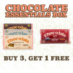 Promotional image of chocolate bars with 'Chocolate Essentials Box' text and a buy 3 get 1 free offer.