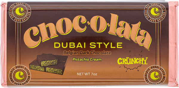 Chocolate bar packaging with 'Choc-o-lata' branding and text about Dubai-style Belgian dark chocolate.