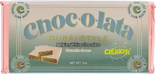 Choc-o-lata Dubai Style Belgian White Chocolate Pistachio Cream Crunchy bar packaging.