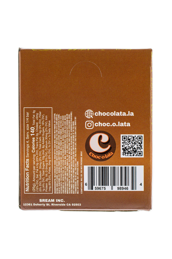 Back of a chocolate bar packaging with branding and QR code on a white background