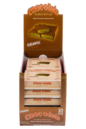 Display box of Chocolata Dubai Style chocolate bars with packaging showing 'Crunchy' and 'Belgian Chocolate' text.