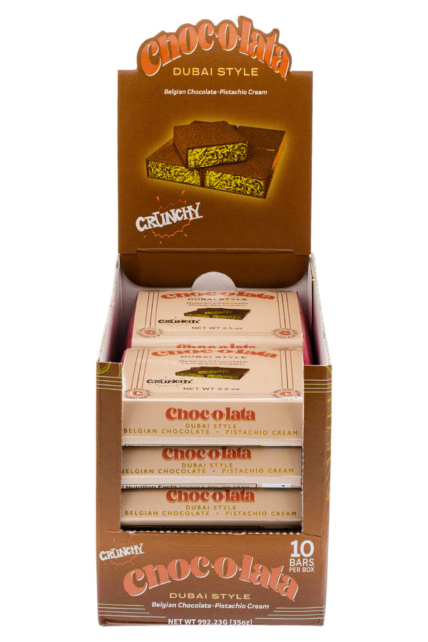 Display box of Chocolata Dubai Style chocolate bars with packaging showing 'Crunchy' and 'Belgian Chocolate' text.