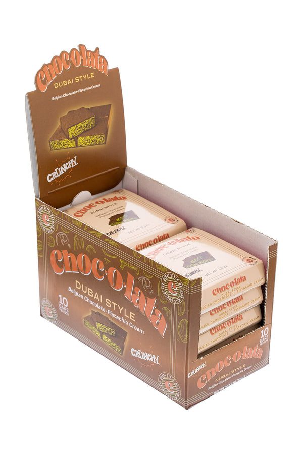 Display box mini Dubai chocolates from Chocolata Dubai Style Crunch Belgian Chocolate bars, side-view display with visible branding.