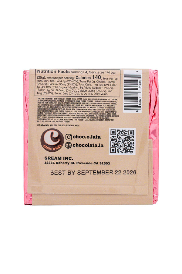 Back of a chocolate bar packaging with nutrition facts, barcode, and brand information.