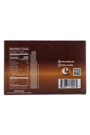 Back of a chocolate bar packaging with nutrition facts and brand logo.