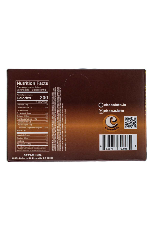 Back of a chocolate bar packaging with nutrition facts and brand logo.