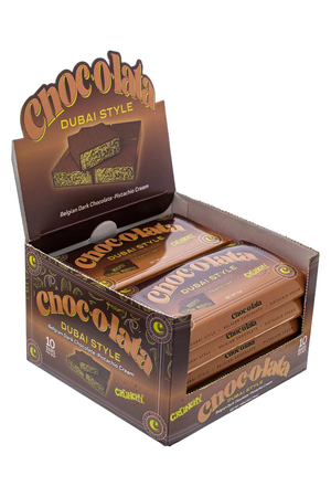 Display box of 10 Chocolata Dubai Style dark chocolate bars on a white background
