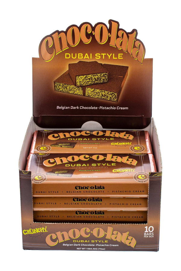 Display box of 10 Chocolata Dubai Style dark chocolate bars with packaging design.