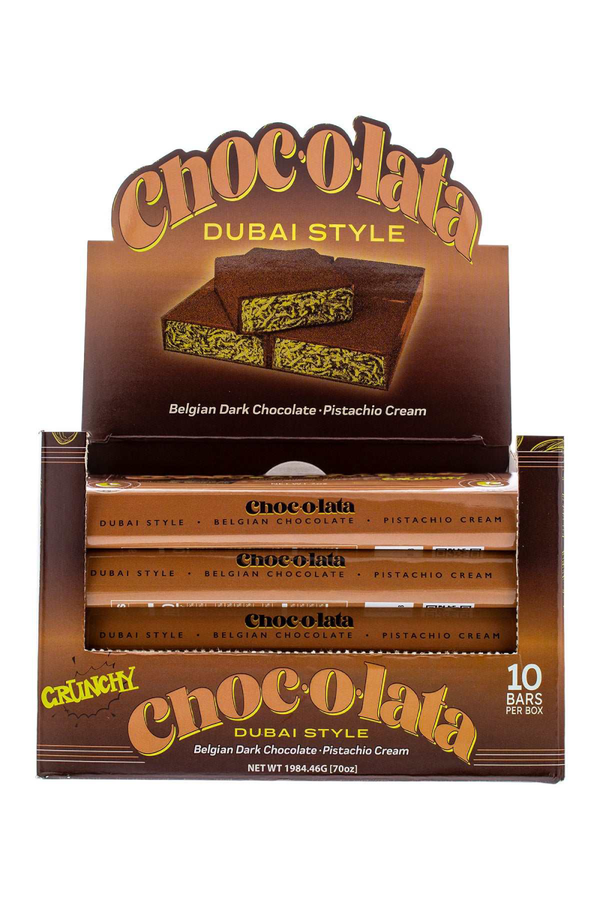 Display pack box of 10pcs of Chocolata Dubai Dark Chocolate Style bars with packaging design.