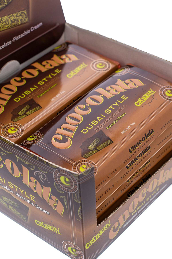 Box of Choc-O-Lata Dubai Style Dark chocolate bars with visible branding.
