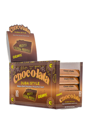 Side view of the display box of Choc-o-lata Dubai Style Belgian dark chocolate mini bars on a white background