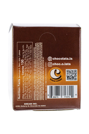 Back of a chocolate bar packaging with branding and QR code, and nutrition facts on a white background