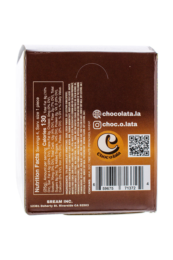 Back of a chocolate bar packaging with branding and QR code, and nutrition facts on a white background