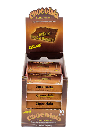 Front view display box of Chocolata Crunchy Dubai Style Dark chocolate bars 10 pack box with branding and product details