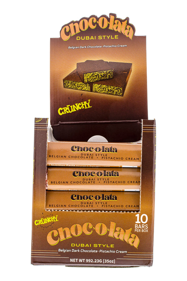Front View of the display box of Chocolata Dubai Style Dark Chocolate Mini Bars, 10 pieces, with packaging design.
