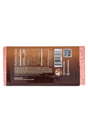 Chocolate bar with a visible nutrition label and QR code on a white background