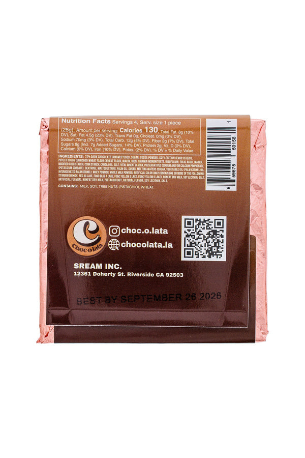 Back of a chocolate bar packaging with nutrition facts and branding contact information.