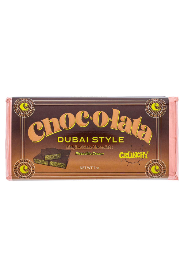 Chocolate bar packaging with 'Dubai Chocolate' branding on a white background
