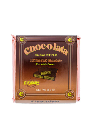 Single Chocolata Dubai Style chocolate bar front view of packaging with pistachio cream flavor on a white background