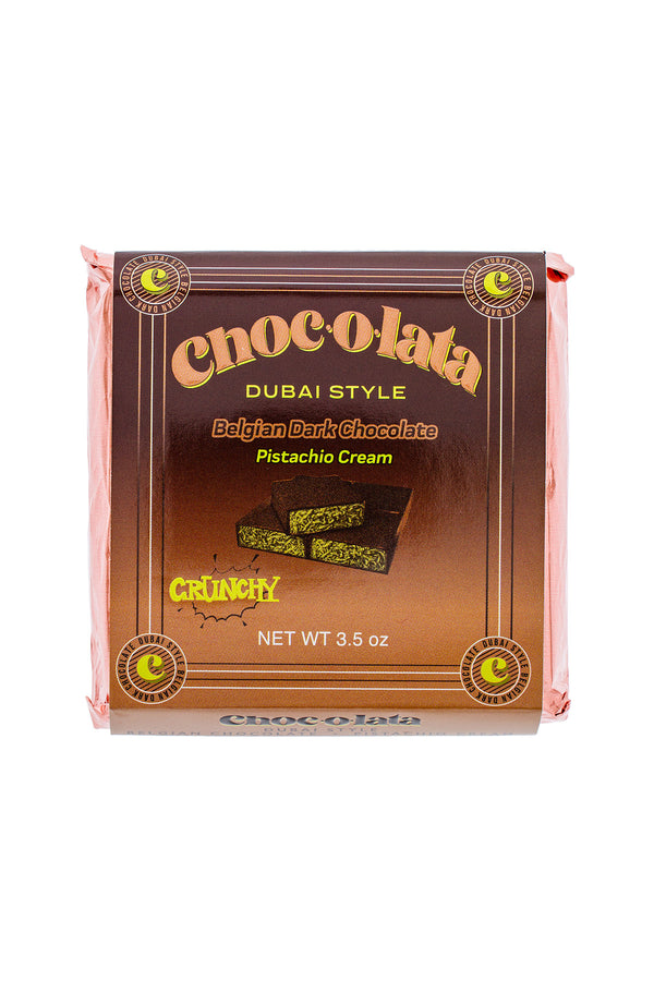 Single Chocolata Dubai Style chocolate bar front view of packaging with pistachio cream flavor on a white background