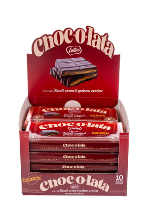 Display box of Chocolata Lotus chocolate bars with red and white design.