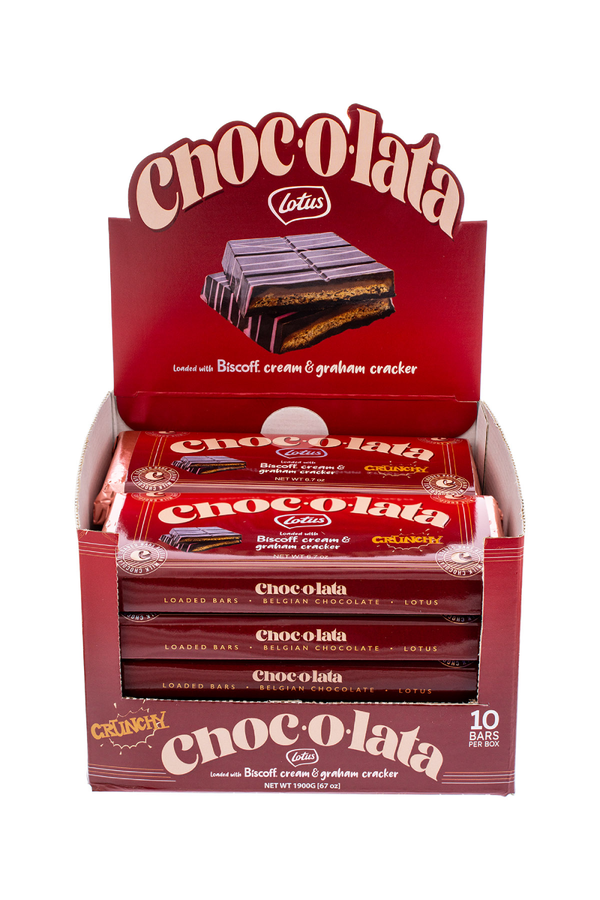 Display box of Chocolata Lotus chocolate bars with red and white design.