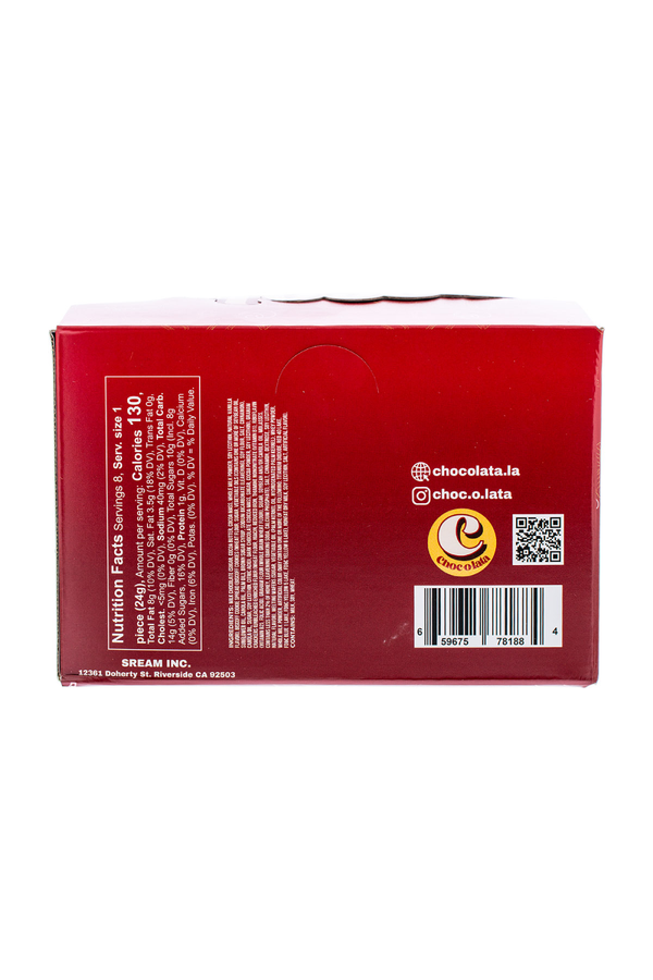 Red box with branding and nutrition facts text on a white background