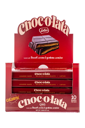 Display Packaging of Chocolata Lotus chocolate bars 10 pack with red and white design.